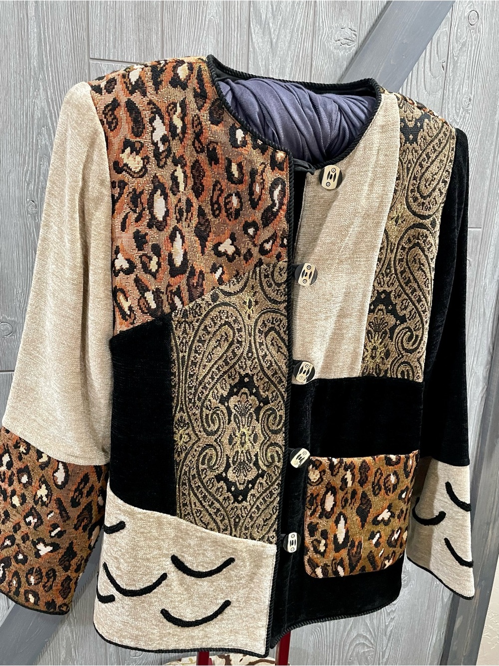 Beige & Black Patchwork Leopard Print Jacket
